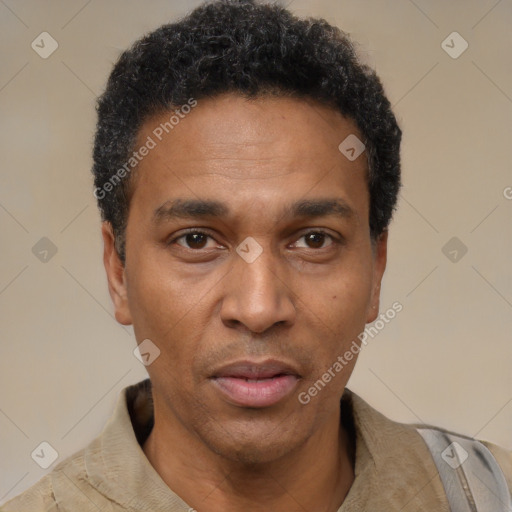 Neutral latino adult male with short  black hair and brown eyes