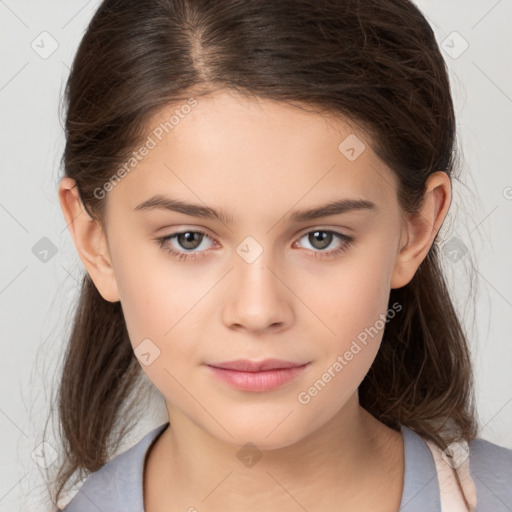 Joyful white child female with medium  brown hair and brown eyes