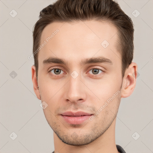 Neutral white young-adult male with short  brown hair and grey eyes