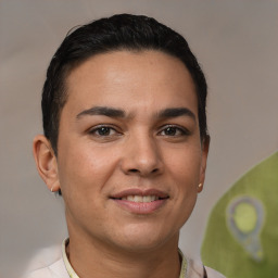 Joyful latino young-adult male with short  black hair and brown eyes