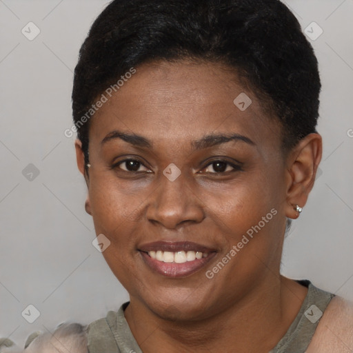 Joyful latino adult female with short  brown hair and brown eyes