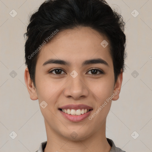 Joyful latino young-adult female with short  black hair and brown eyes