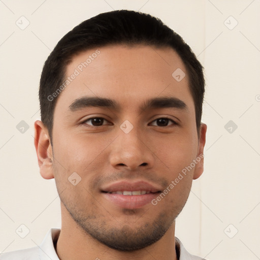 Joyful latino young-adult male with short  brown hair and brown eyes