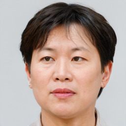 Joyful asian adult female with short  brown hair and brown eyes