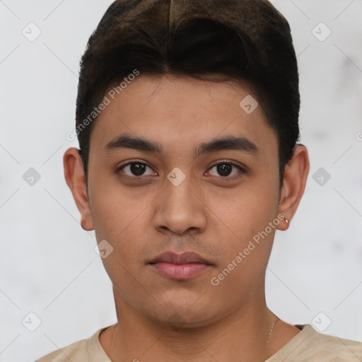 Neutral latino young-adult male with short  black hair and brown eyes