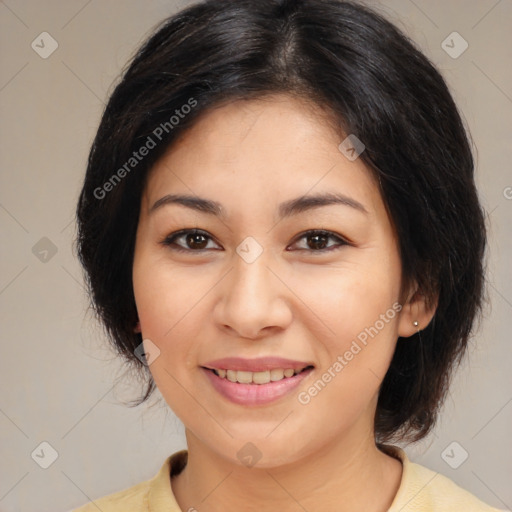 Joyful white young-adult female with medium  brown hair and brown eyes