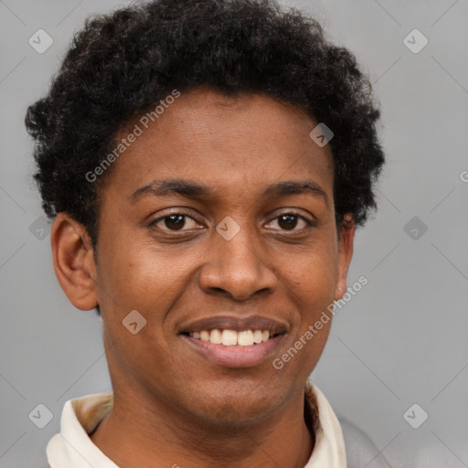 Joyful black young-adult male with short  brown hair and brown eyes