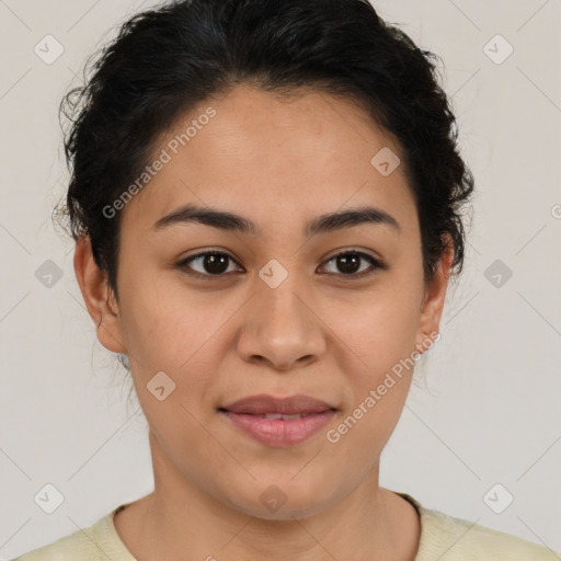 Joyful latino young-adult female with short  brown hair and brown eyes