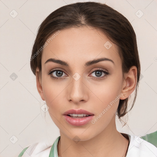 Neutral white young-adult female with medium  brown hair and brown eyes