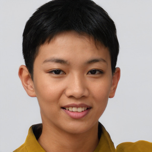 Joyful asian young-adult female with short  brown hair and brown eyes