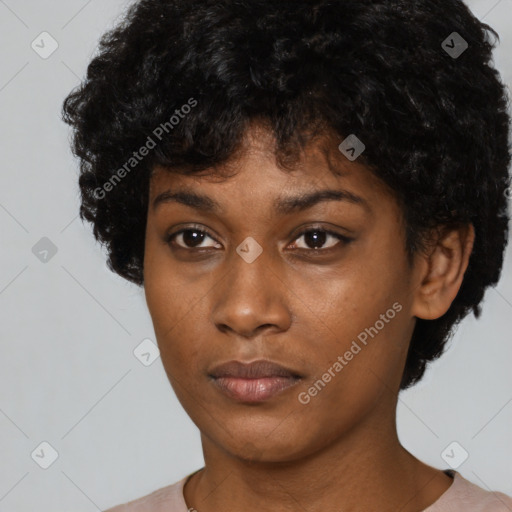 Neutral black young-adult female with short  black hair and brown eyes