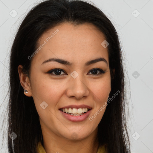 Joyful latino young-adult female with long  brown hair and brown eyes