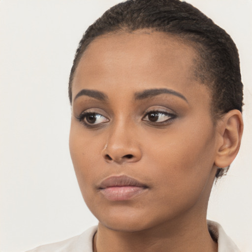 Neutral black young-adult female with short  brown hair and brown eyes