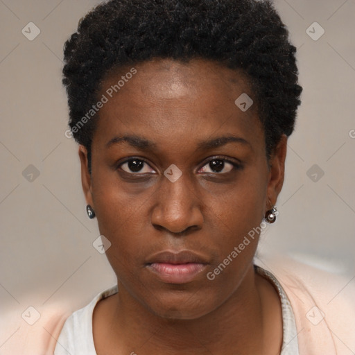 Neutral black young-adult female with short  black hair and brown eyes