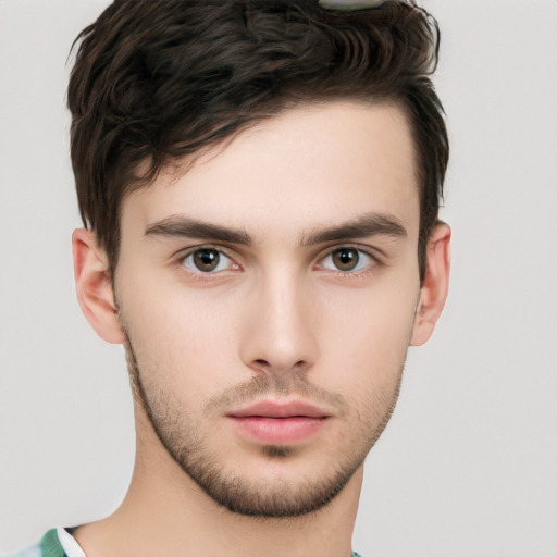 Neutral white young-adult male with short  brown hair and brown eyes