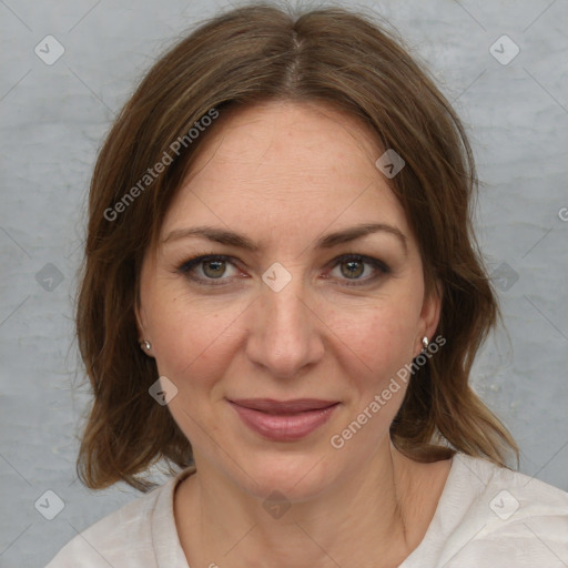 Joyful white young-adult female with medium  brown hair and blue eyes