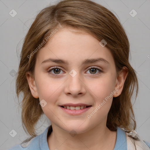 Joyful white child female with medium  brown hair and grey eyes