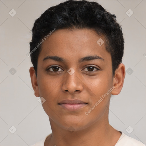 Joyful latino young-adult female with short  black hair and brown eyes