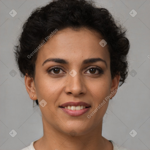 Joyful latino young-adult female with short  brown hair and brown eyes