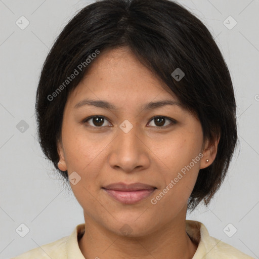 Joyful white young-adult female with medium  brown hair and brown eyes