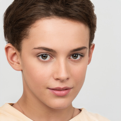 Neutral white young-adult female with short  brown hair and brown eyes