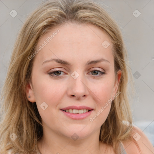 Joyful white young-adult female with medium  brown hair and blue eyes