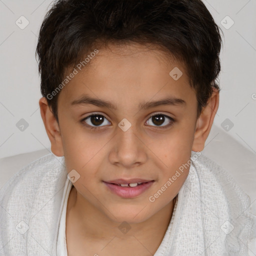 Joyful white child female with short  brown hair and brown eyes