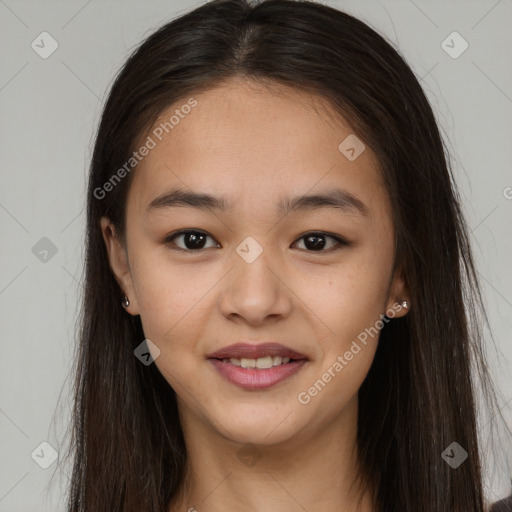 Joyful latino young-adult female with long  brown hair and brown eyes