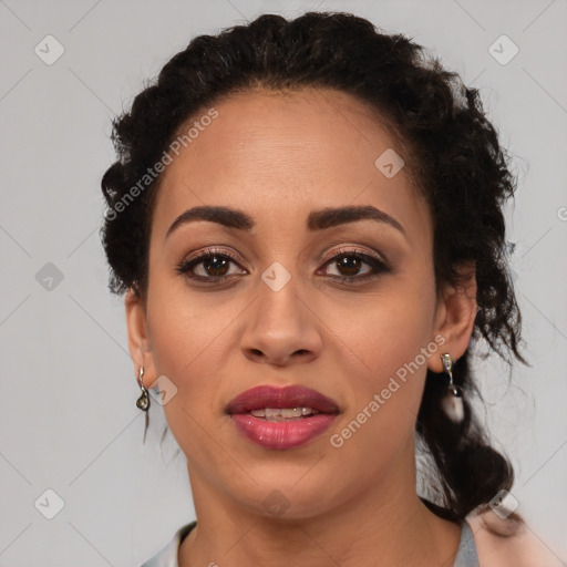 Joyful latino young-adult female with medium  brown hair and brown eyes