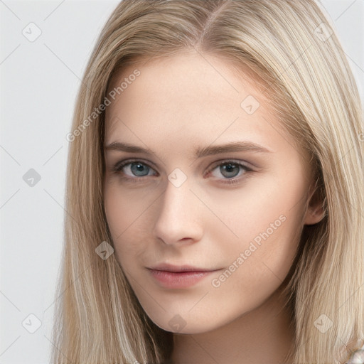 Neutral white young-adult female with long  brown hair and grey eyes