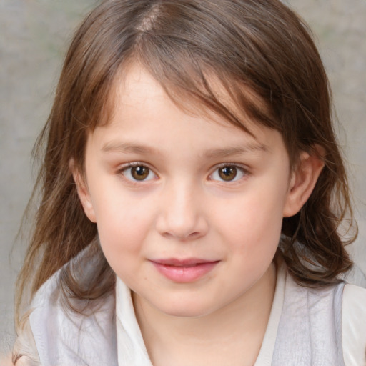 Joyful white child female with medium  brown hair and brown eyes