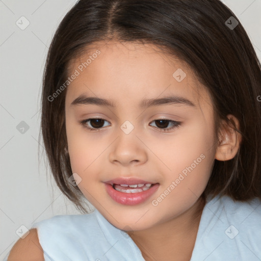 Joyful white child female with medium  brown hair and brown eyes