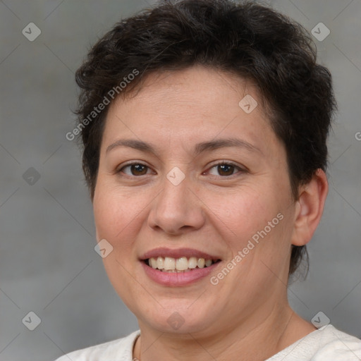 Joyful white adult female with short  brown hair and brown eyes