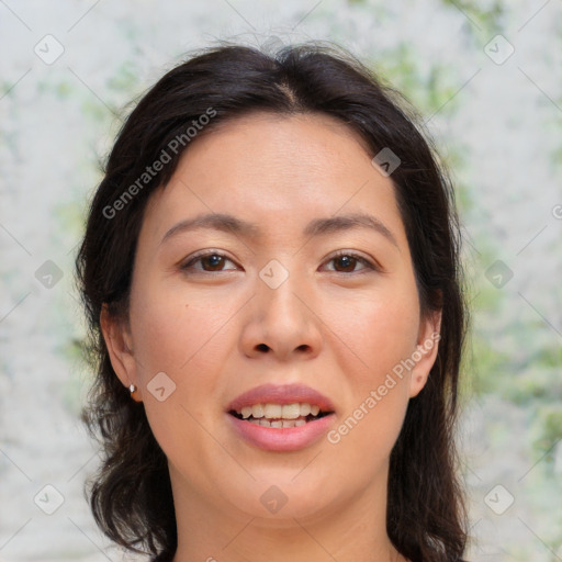 Joyful asian young-adult female with medium  brown hair and brown eyes