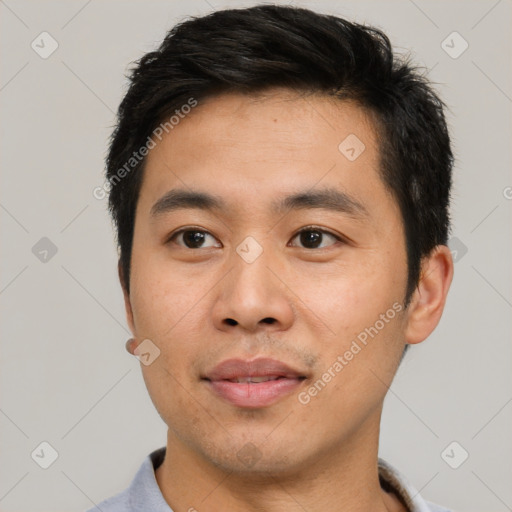 Neutral asian young-adult male with short  brown hair and brown eyes