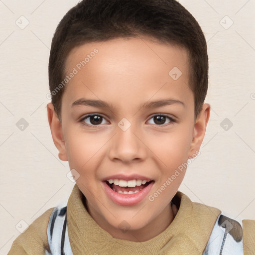 Joyful white child female with short  brown hair and brown eyes