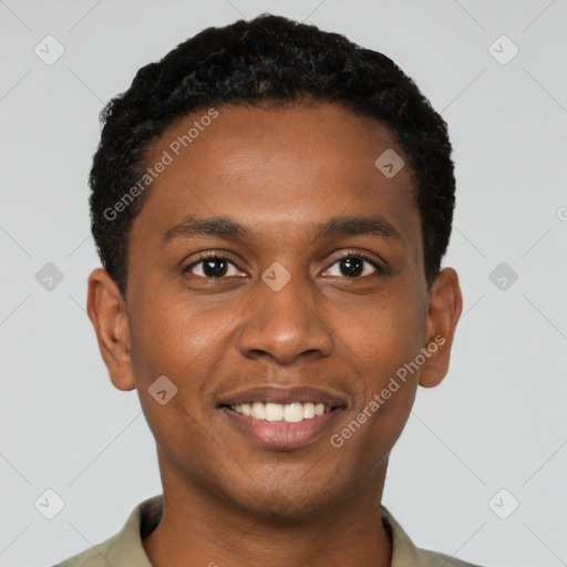 Joyful black young-adult male with short  black hair and brown eyes