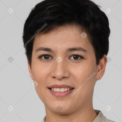 Joyful white young-adult female with short  brown hair and brown eyes