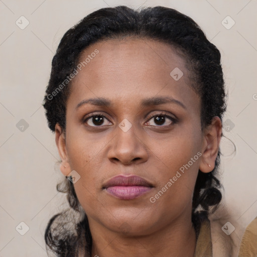 Neutral black adult female with medium  brown hair and brown eyes