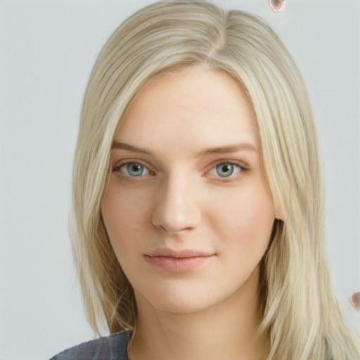 Neutral white young-adult female with long  brown hair and blue eyes