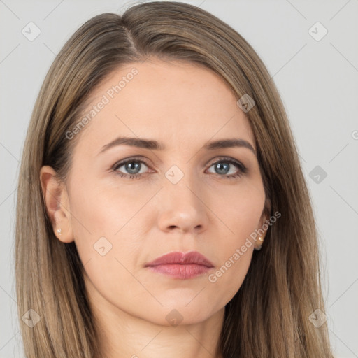 Neutral white young-adult female with long  brown hair and brown eyes