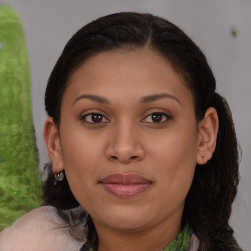 Joyful asian young-adult female with medium  brown hair and brown eyes