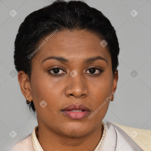 Neutral latino young-adult female with short  brown hair and brown eyes