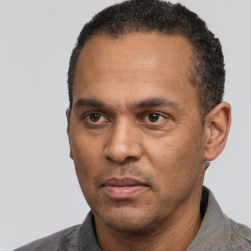 Neutral black adult male with short  black hair and brown eyes