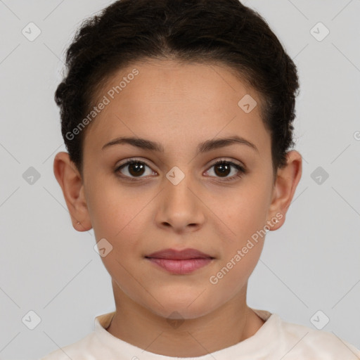 Neutral white young-adult female with short  brown hair and brown eyes