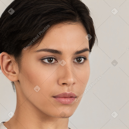 Neutral white young-adult female with short  brown hair and brown eyes