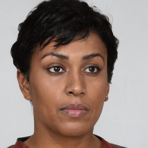 Neutral asian young-adult female with short  brown hair and brown eyes