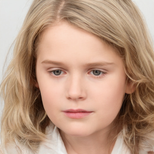 Neutral white child female with medium  brown hair and blue eyes