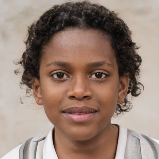 Joyful black child female with short  brown hair and brown eyes