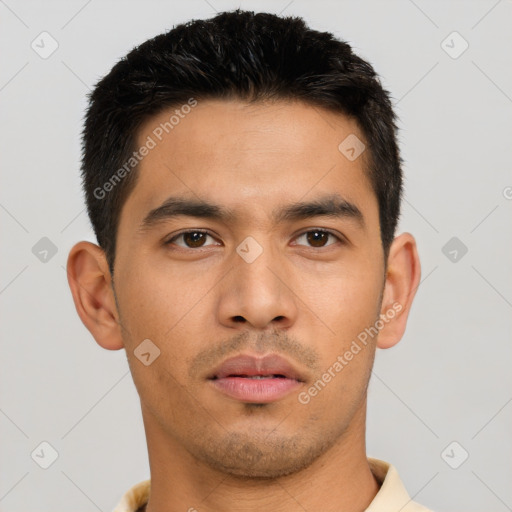 Neutral asian young-adult male with short  brown hair and brown eyes